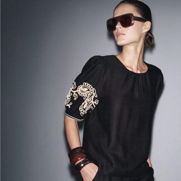 ZARA ZW COLLECTION LINEN BLEND EMBROIDERED TOP - Picture 1 of 6